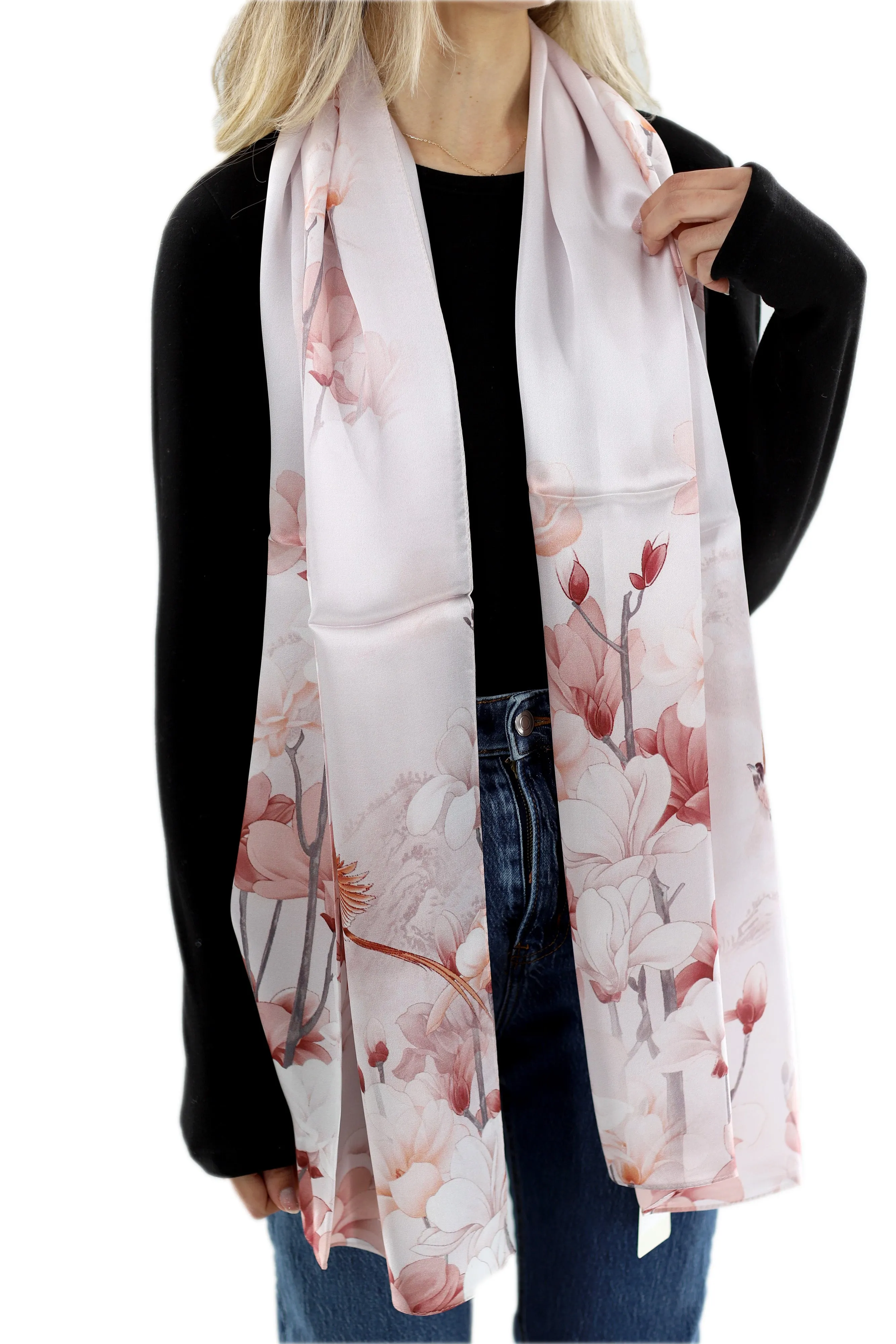 100% Silk Floral Print Scarf - Beige - (One Size 68x21.2in)