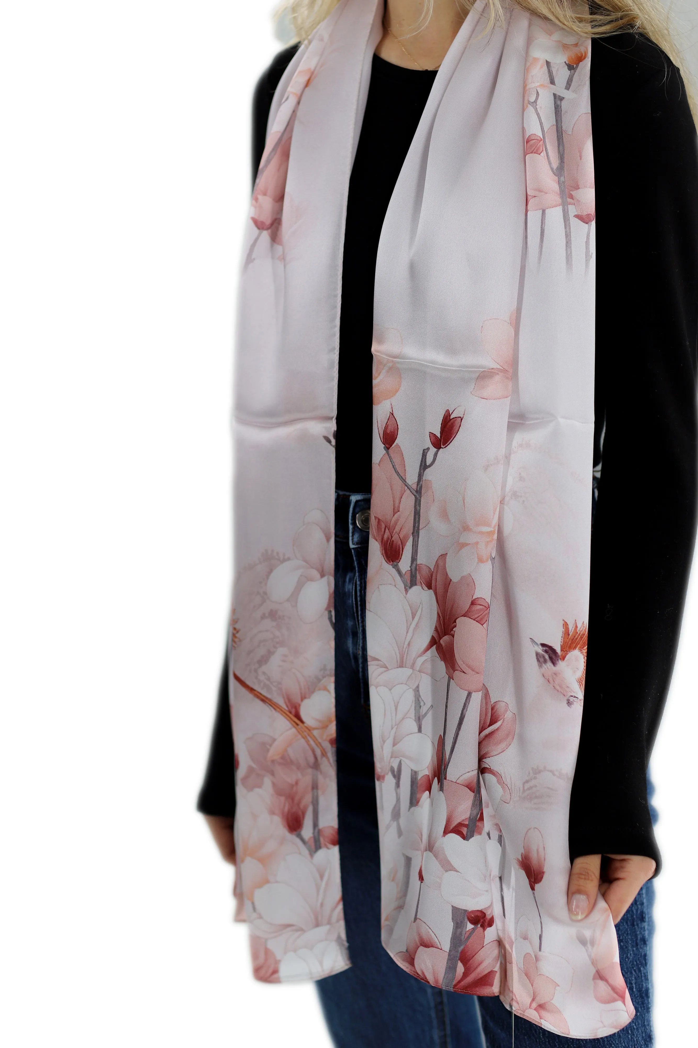 100% Silk Floral Print Scarf - Beige - (One Size 68x21.2in)