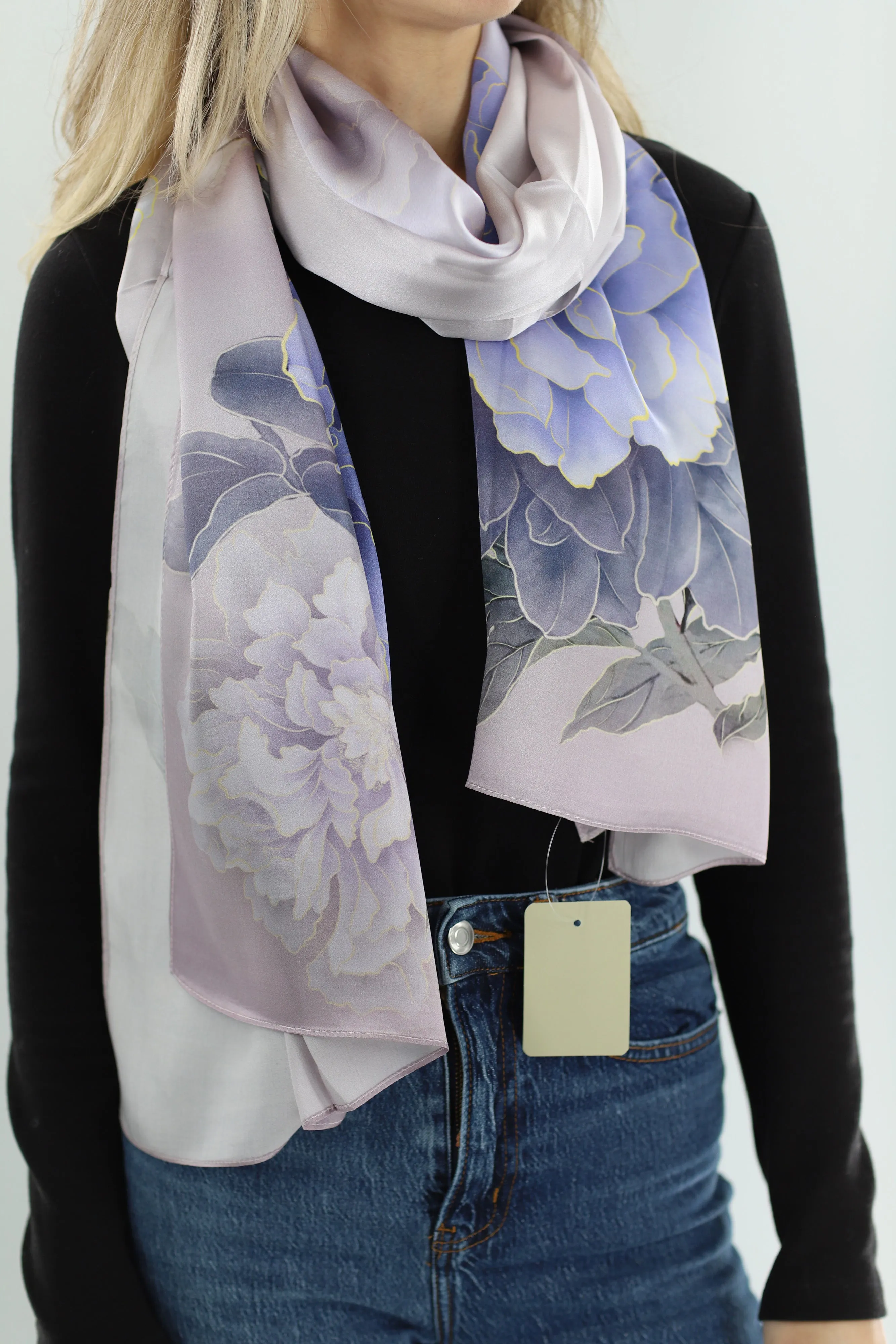 100% Silk Floral Print Scarf - Purple - (One Size 68x21.2in)