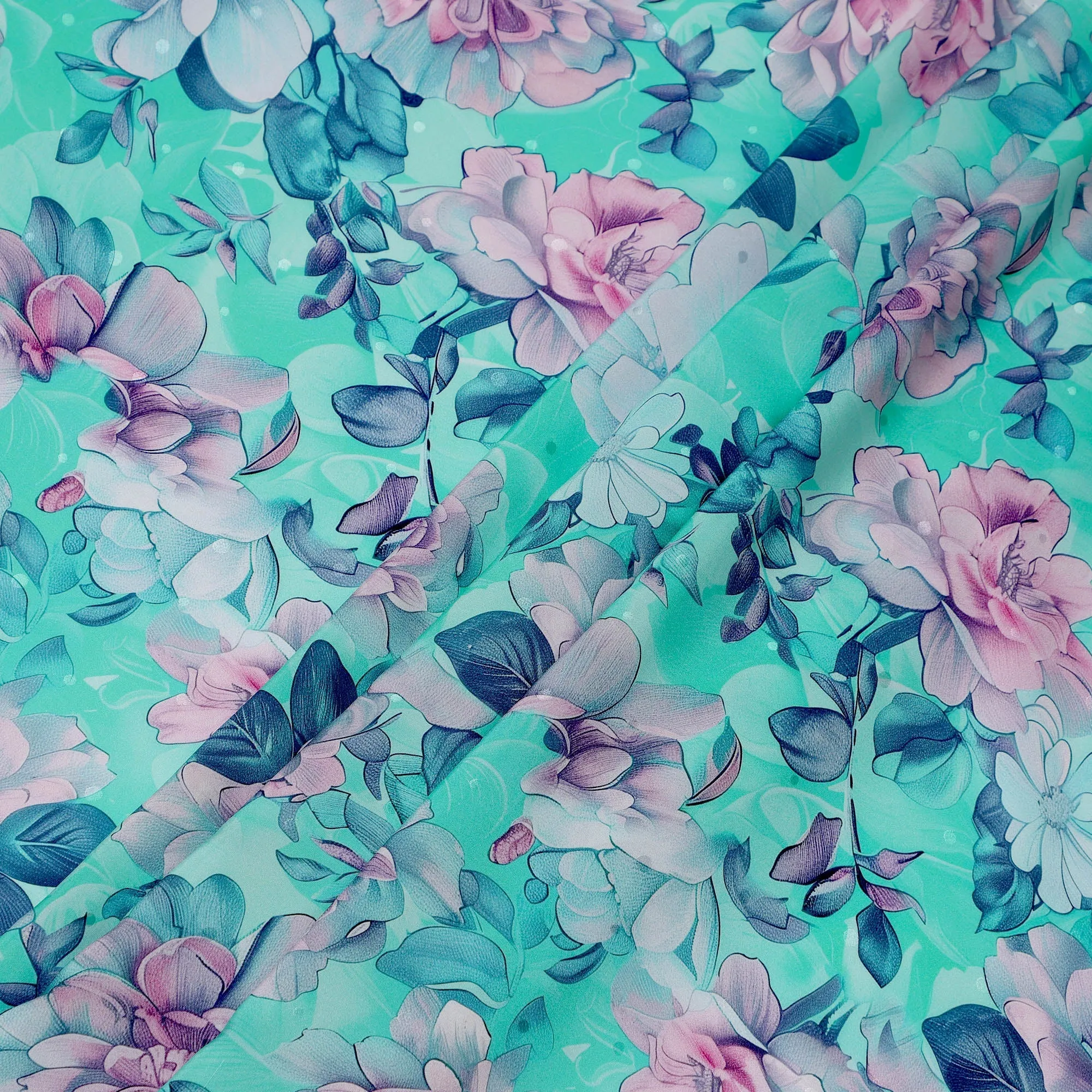 Aqua and Pink Floral Print Pure Silk Satin Fabric, 140 cm Width, Made in Italy -D21167