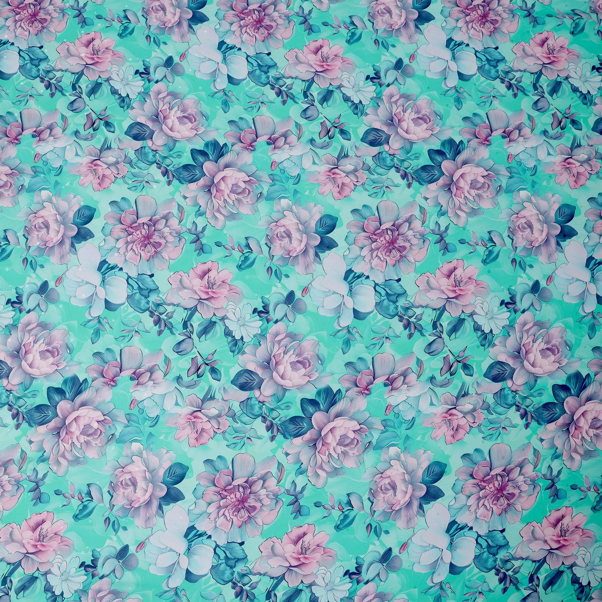 Aqua and Pink Floral Print Pure Silk Satin Fabric, 140 cm Width, Made in Italy -D21167