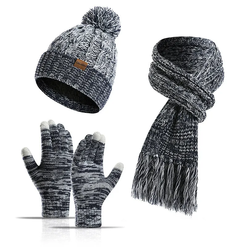 Autumn and winter new knitted wool color hat thickened scarf touch screen gloves three-piece set