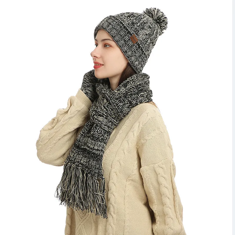 Autumn and winter new knitted wool color hat thickened scarf touch screen gloves three-piece set