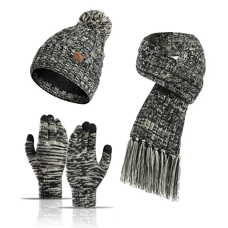 Autumn and winter new knitted wool color hat thickened scarf touch screen gloves three-piece set