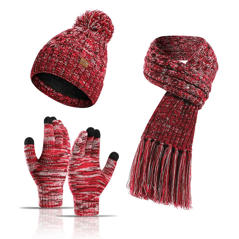 Autumn and winter new knitted wool color hat thickened scarf touch screen gloves three-piece set