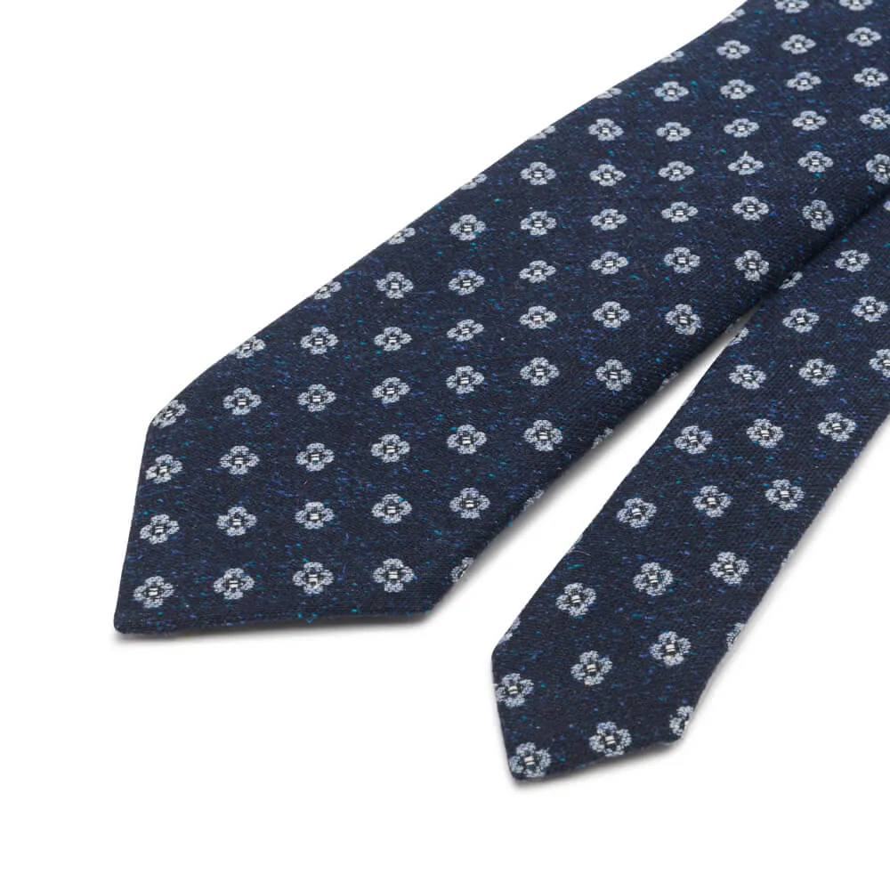 Blue Floral Motif Cotton Silk Wool Tie