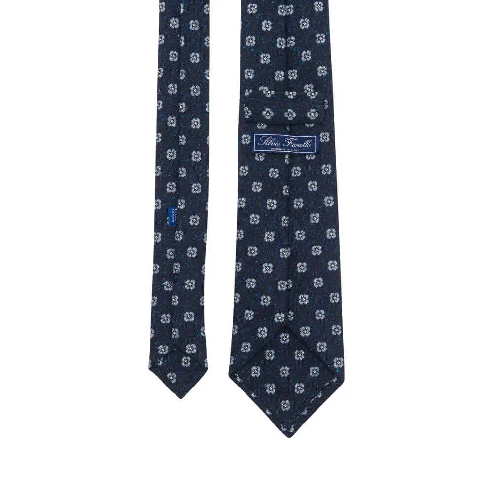 Blue Floral Motif Cotton Silk Wool Tie