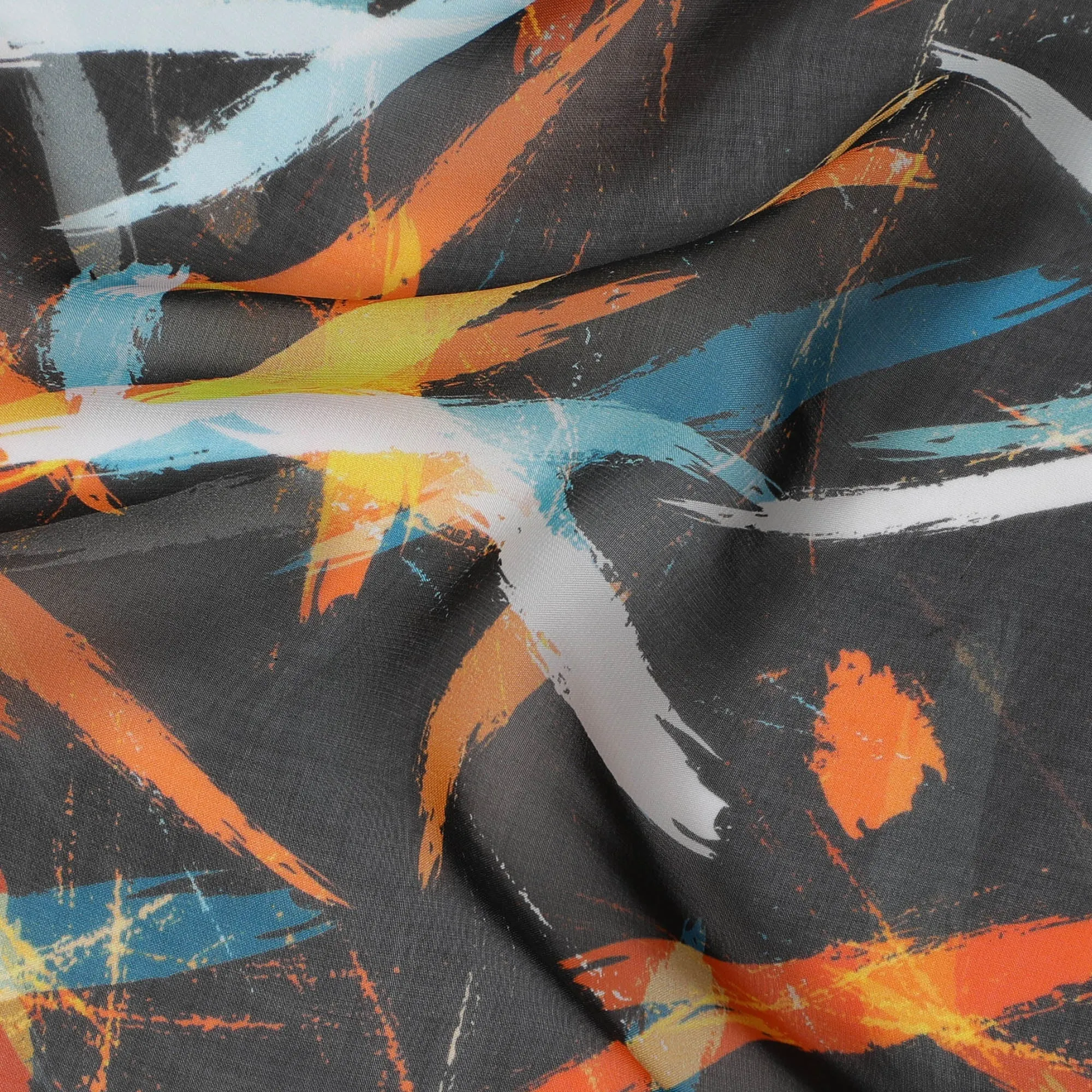 Edgy Charcoal Synthetic Chiffon Fabric with Bold Orange and Blue Abstract Print, 140 cm Wide-D19114