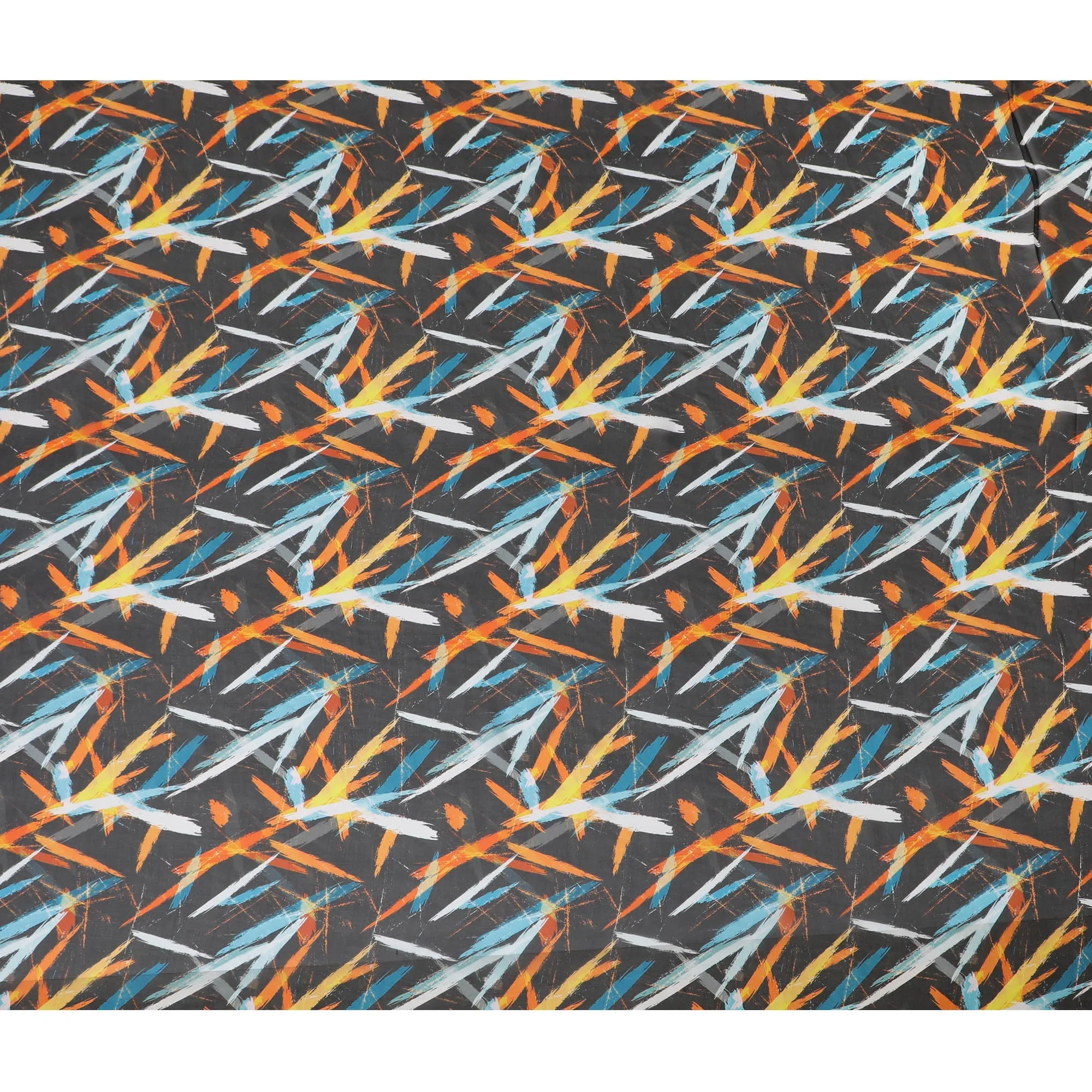 Edgy Charcoal Synthetic Chiffon Fabric with Bold Orange and Blue Abstract Print, 140 cm Wide-D19114