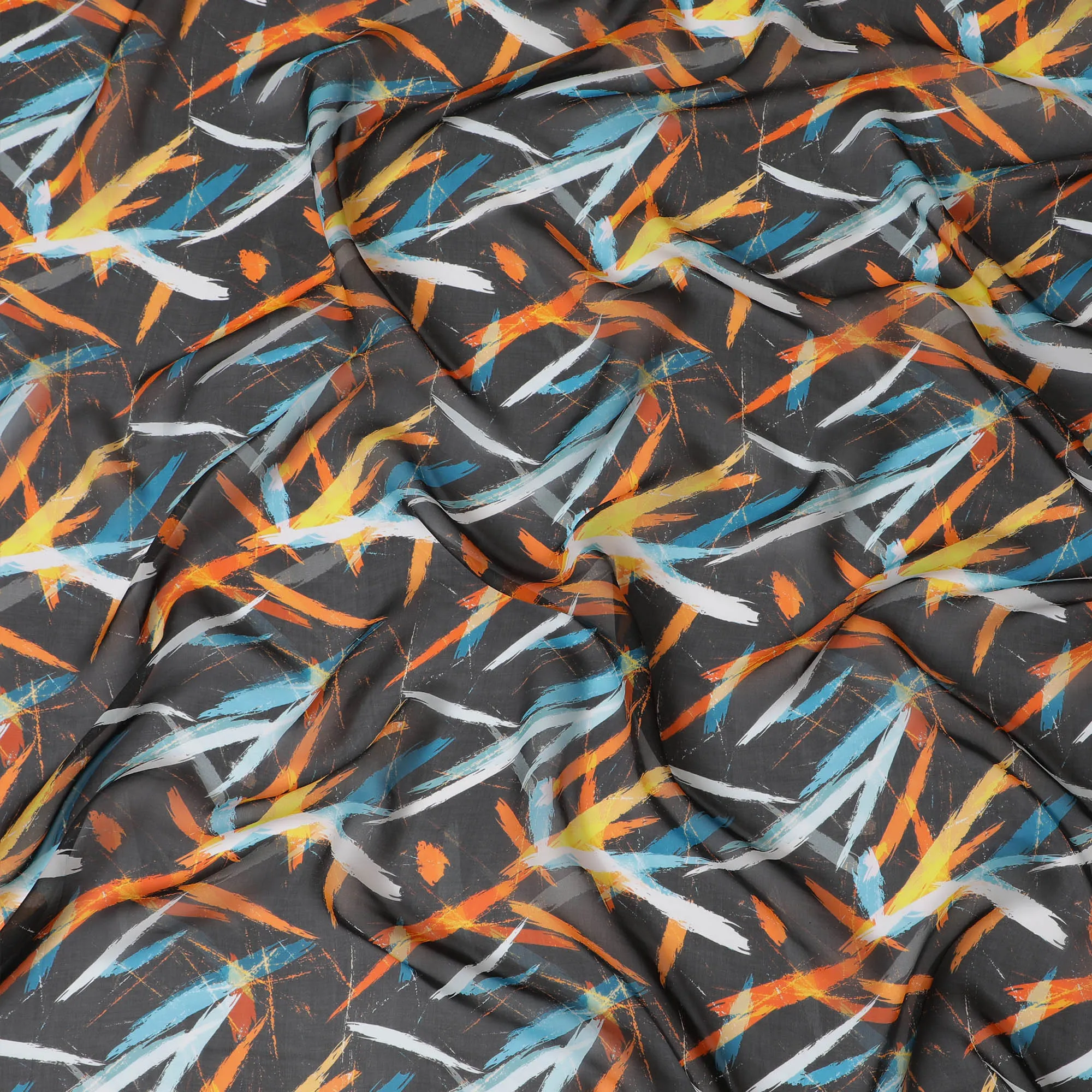 Edgy Charcoal Synthetic Chiffon Fabric with Bold Orange and Blue Abstract Print, 140 cm Wide-D19114