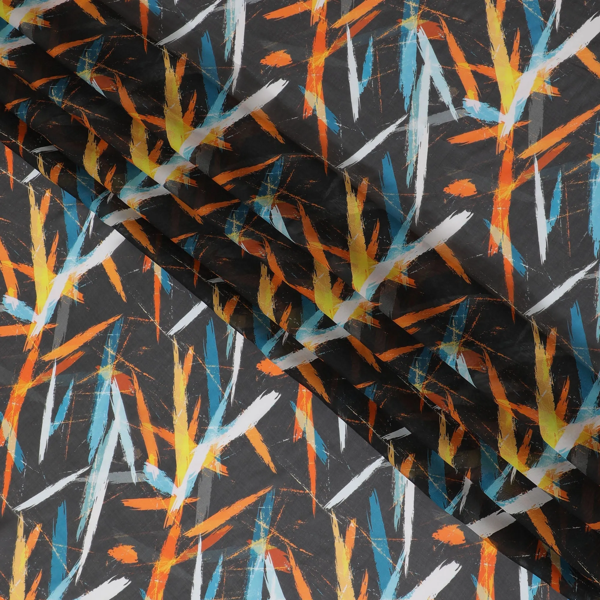 Edgy Charcoal Synthetic Chiffon Fabric with Bold Orange and Blue Abstract Print, 140 cm Wide-D19114