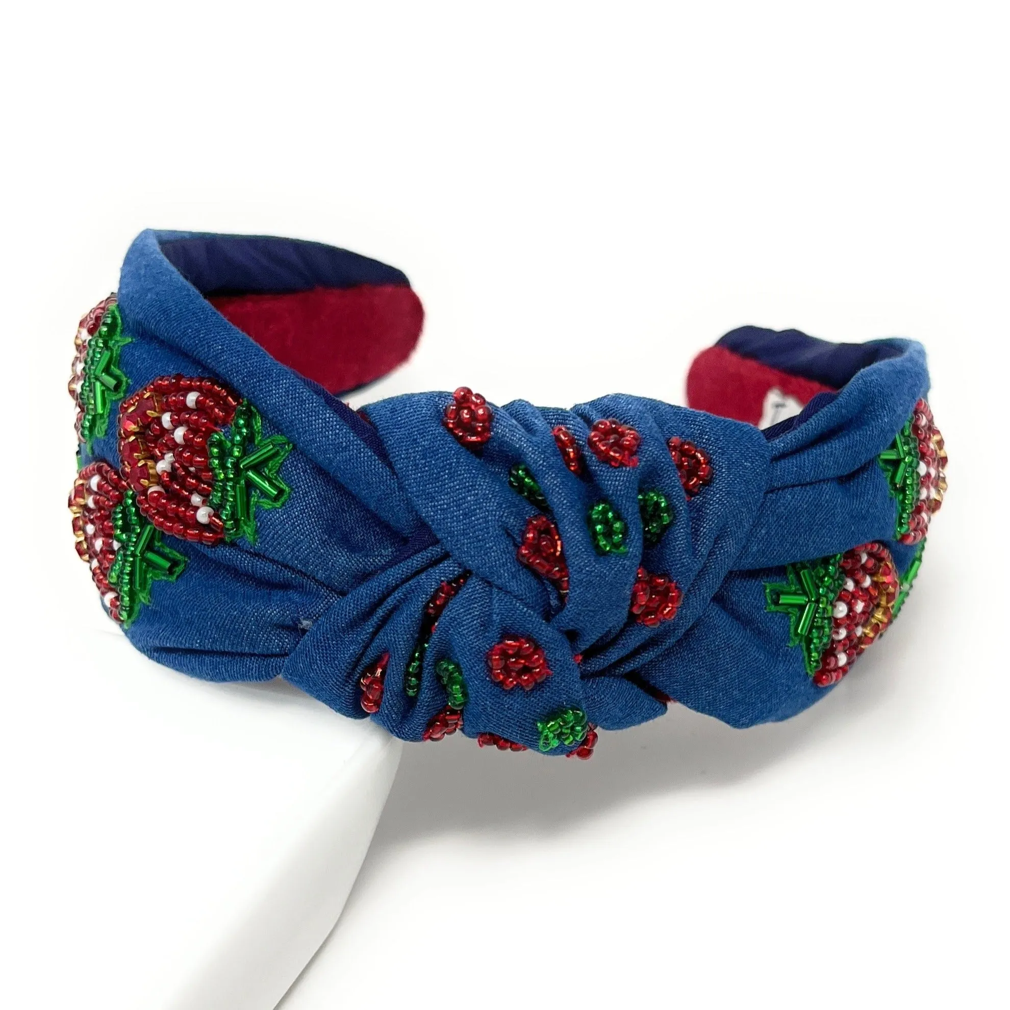 Hand Beaded Strawberry Denim Knot Headband