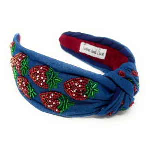 Hand Beaded Strawberry Denim Knot Headband