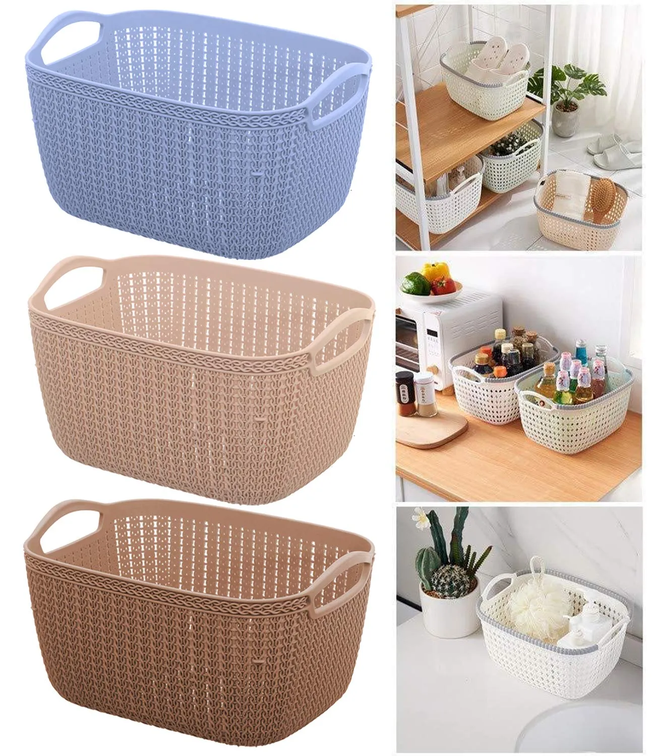 Kuber Industries Unbreakable Plastic 4 Pieces Multipurpose Medium Size Flexible Storage Baskets/Fruit Vegetable Bathroom Stationary Home Basket with Handles (Brown) -CTKTC039049