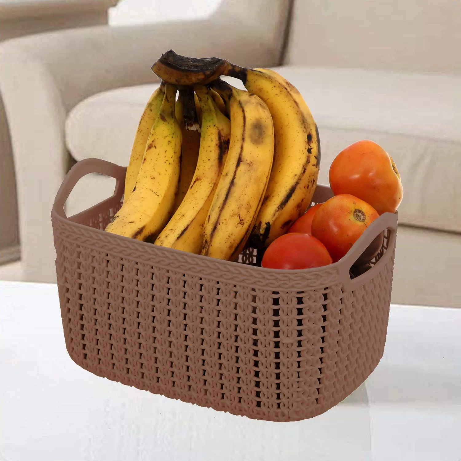 Kuber Industries Unbreakable Plastic 4 Pieces Multipurpose Medium Size Flexible Storage Baskets/Fruit Vegetable Bathroom Stationary Home Basket with Handles (Brown) -CTKTC039049