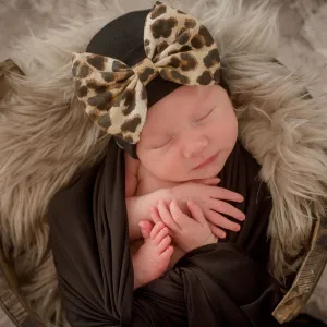 Leopard Bow Baby Newborn Girl Hospital Hat - Black Hat With Leopard Fabric Bow