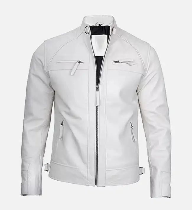 Men's Classic White Leather Cafe Racer Jacket