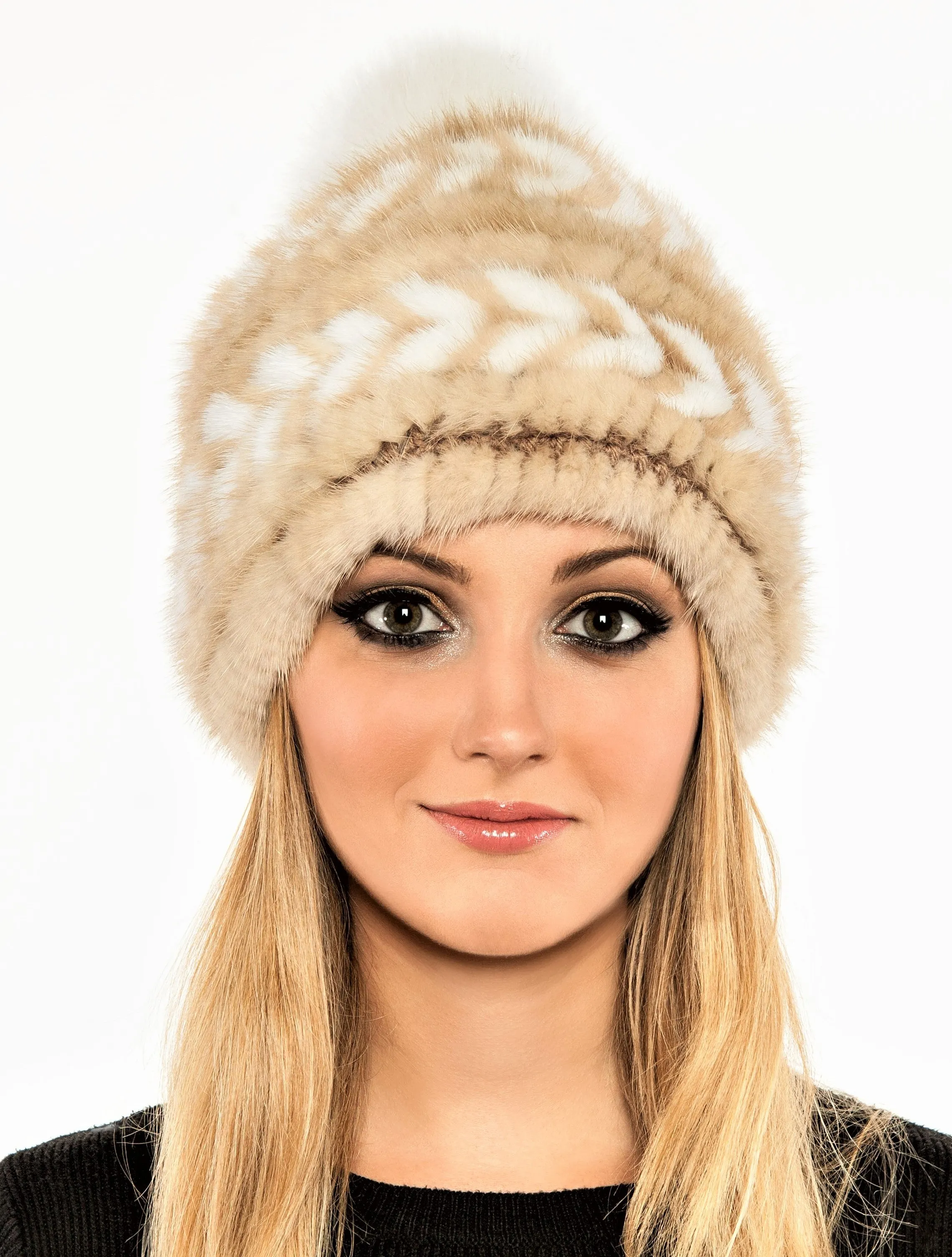 Mink beanie with fox pom pom