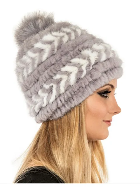 Mink beanie with fox pom pom