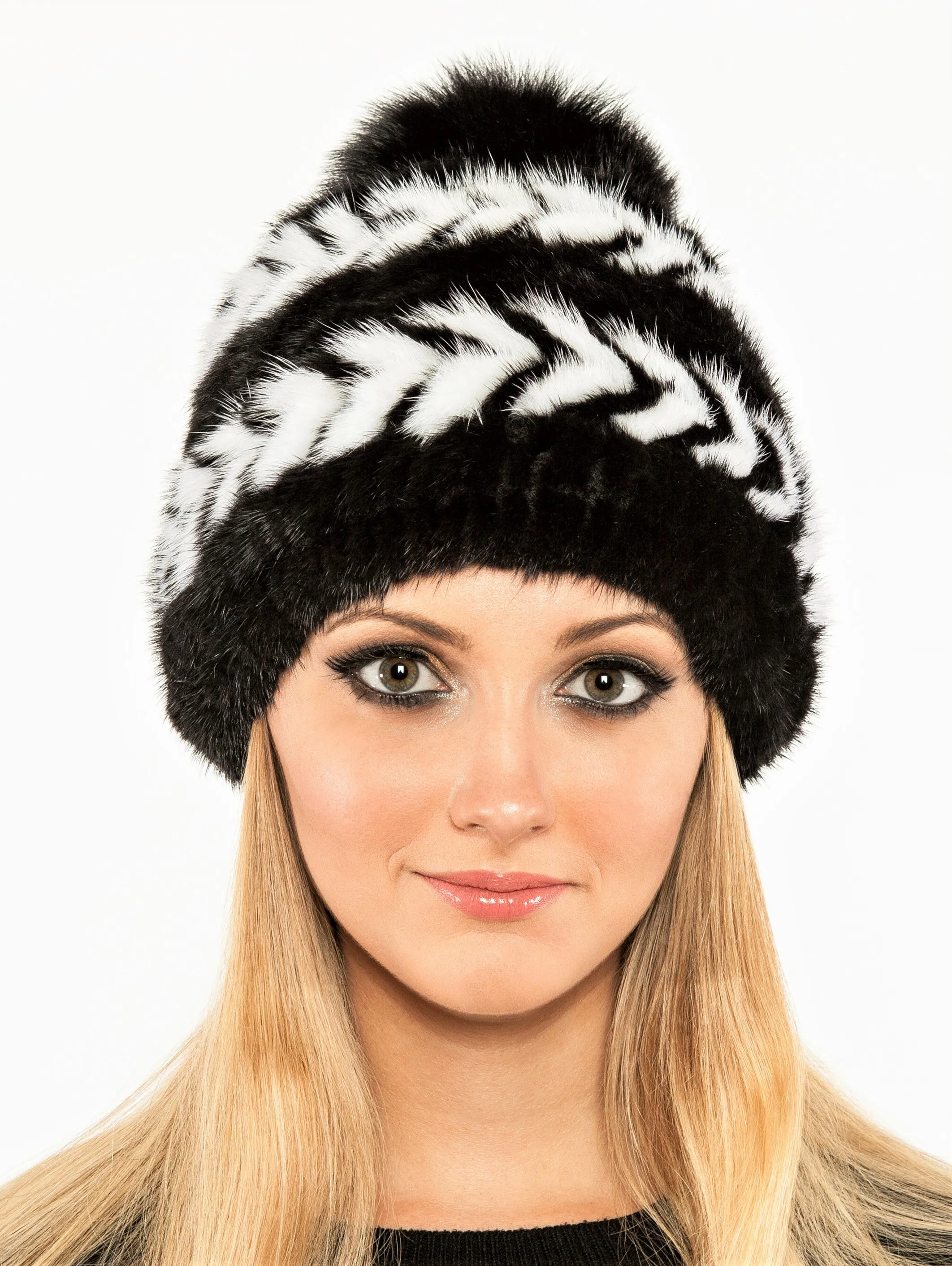 Mink beanie with fox pom pom