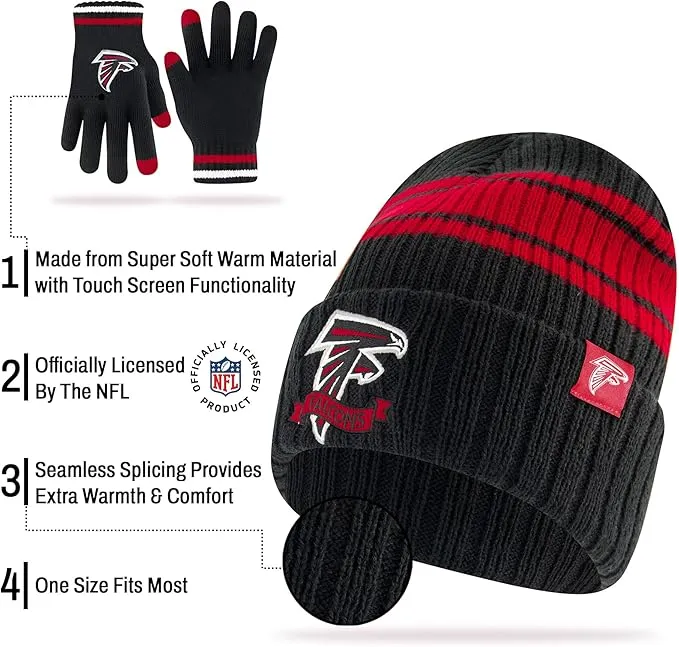 NFL Womens Super Soft Team Stripe Winter Beanie Knit Hat with Extra Warm Touch Screen Gloves|Las Vegas Raiders