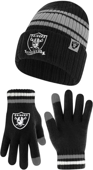 NFL Womens Super Soft Team Stripe Winter Beanie Knit Hat with Extra Warm Touch Screen Gloves|Las Vegas Raiders