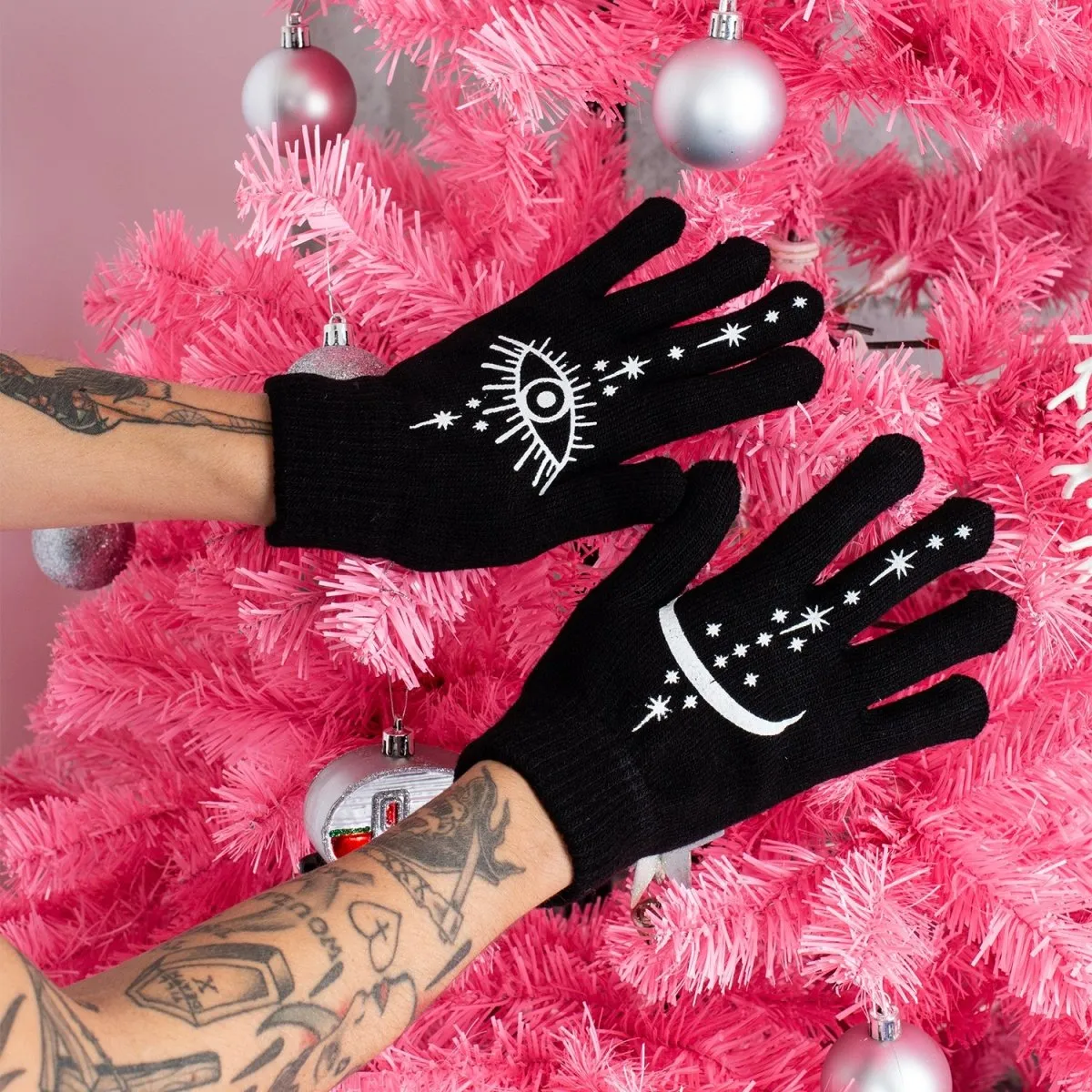 Occult Eye and Moon Winter Knit Gloves