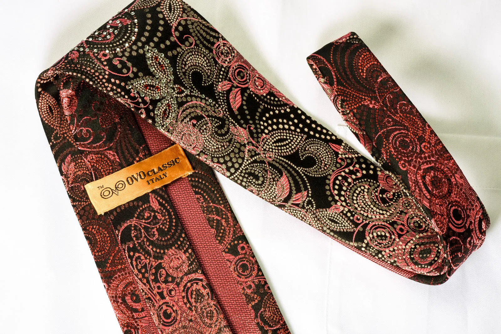 OVO Classic Silk Rhinestone Necktie Floral On Burgundy With red Sparkles