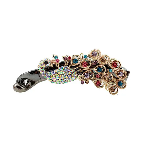 Peacock Double-sided Banana Vertical Hair Barrette w/ Rhinestones