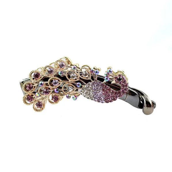 Peacock Double-sided Banana Vertical Hair Barrette w/ Rhinestones