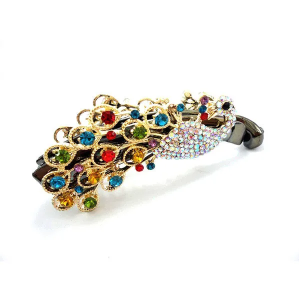 Peacock Double-sided Banana Vertical Hair Barrette w/ Rhinestones