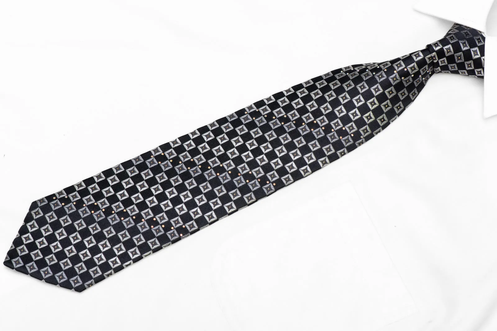 Silver Black Checkered Rhinestone Silk Tie With Gold Sparkles