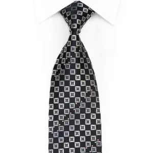 Silver Black Checkered Rhinestone Silk Tie With Gold Sparkles