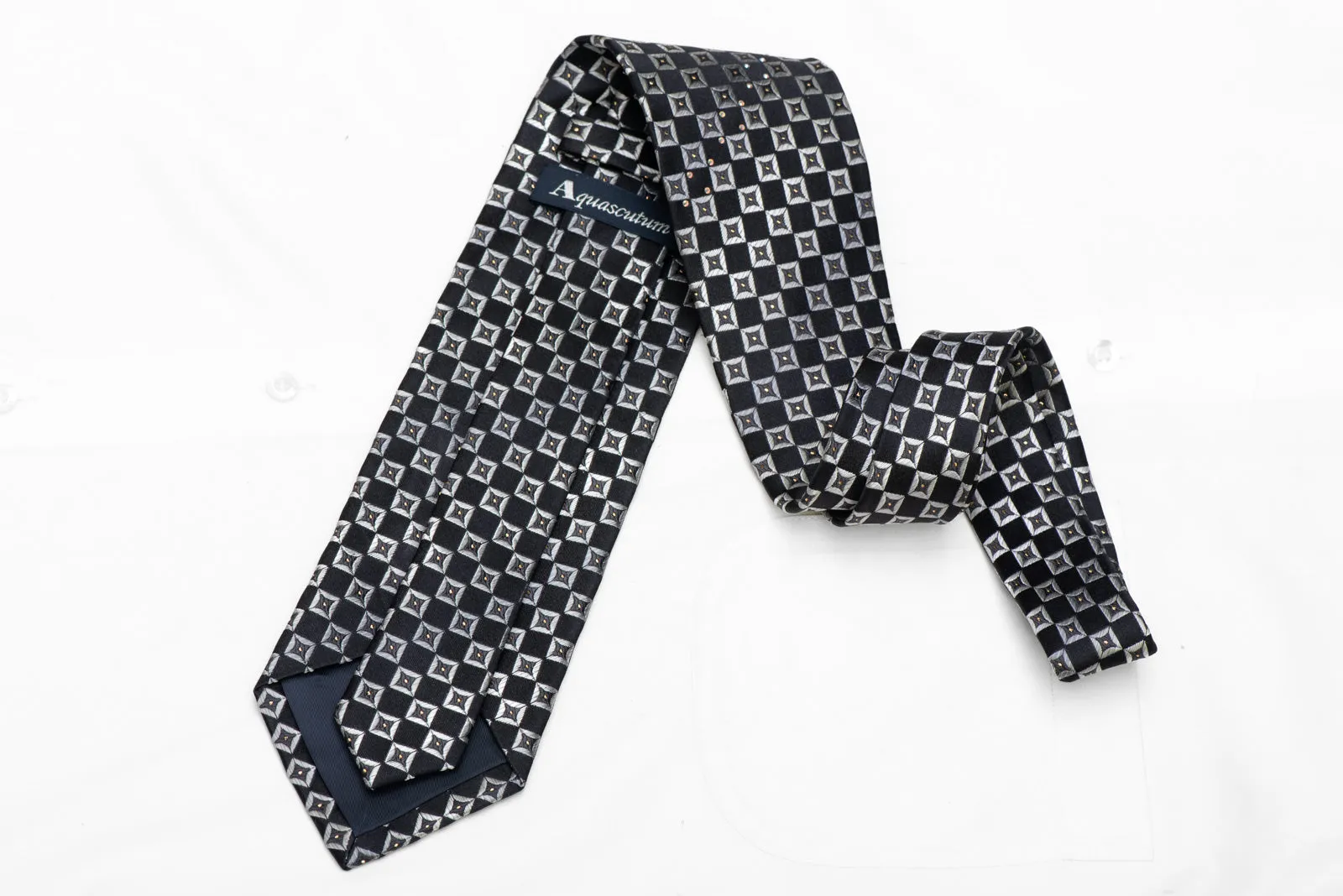 Silver Black Checkered Rhinestone Silk Tie With Gold Sparkles