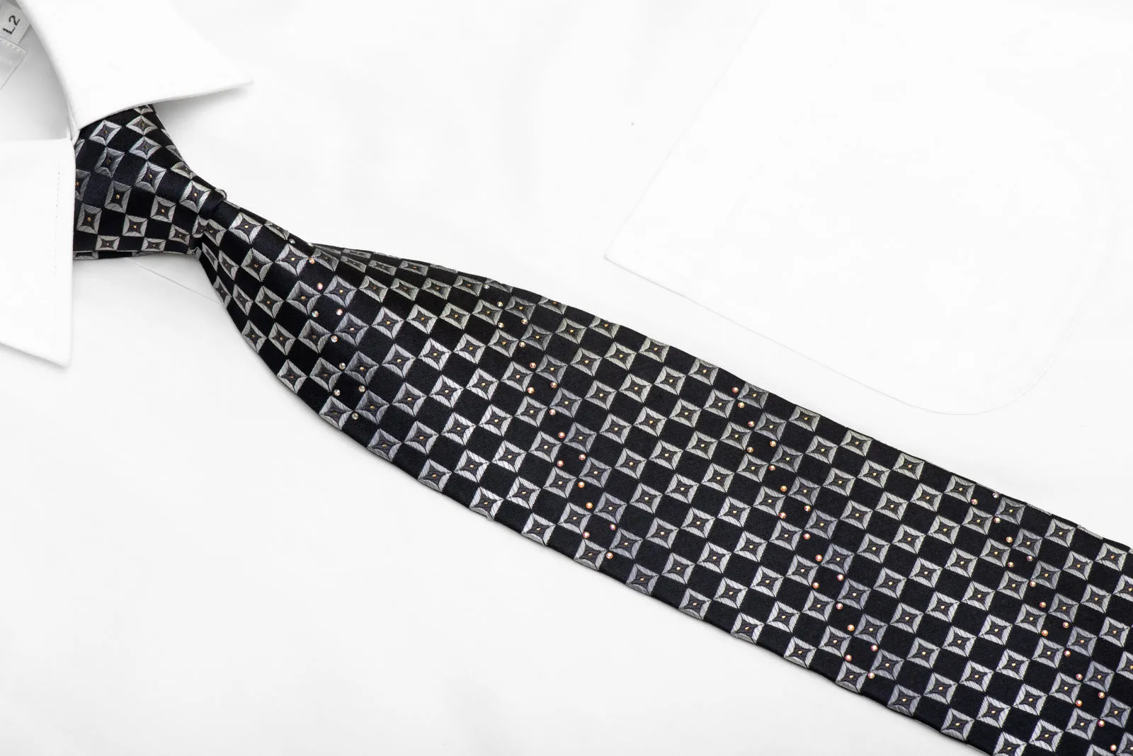 Silver Black Checkered Rhinestone Silk Tie With Gold Sparkles