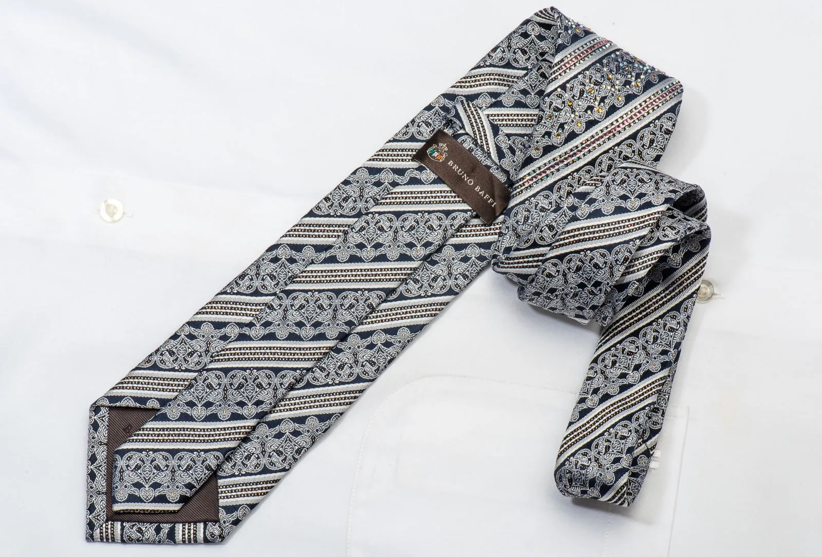 Silver Cartouche & Stripes On Navy Rhinestone Silk Necktie With Gold Sparkles