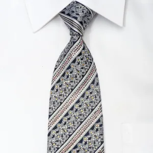 Silver Cartouche & Stripes On Navy Rhinestone Silk Necktie With Gold Sparkles