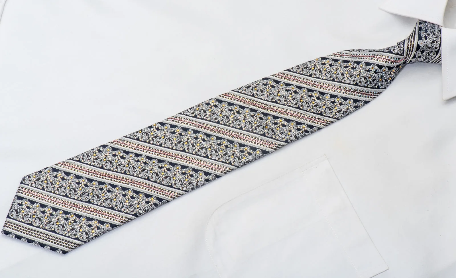 Silver Cartouche & Stripes On Navy Rhinestone Silk Necktie With Gold Sparkles