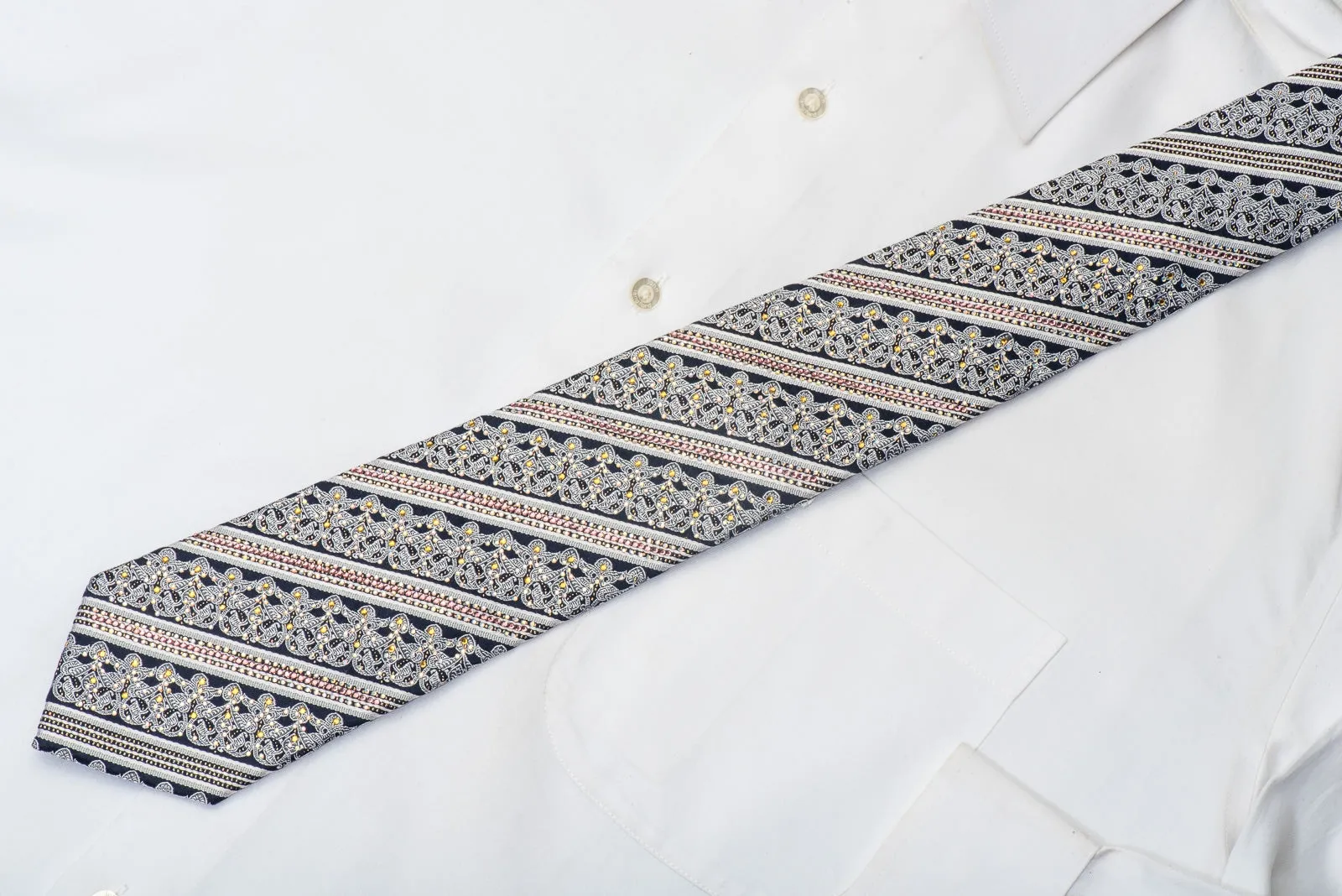 Silver Cartouche & Stripes On Navy Rhinestone Silk Necktie With Gold Sparkles