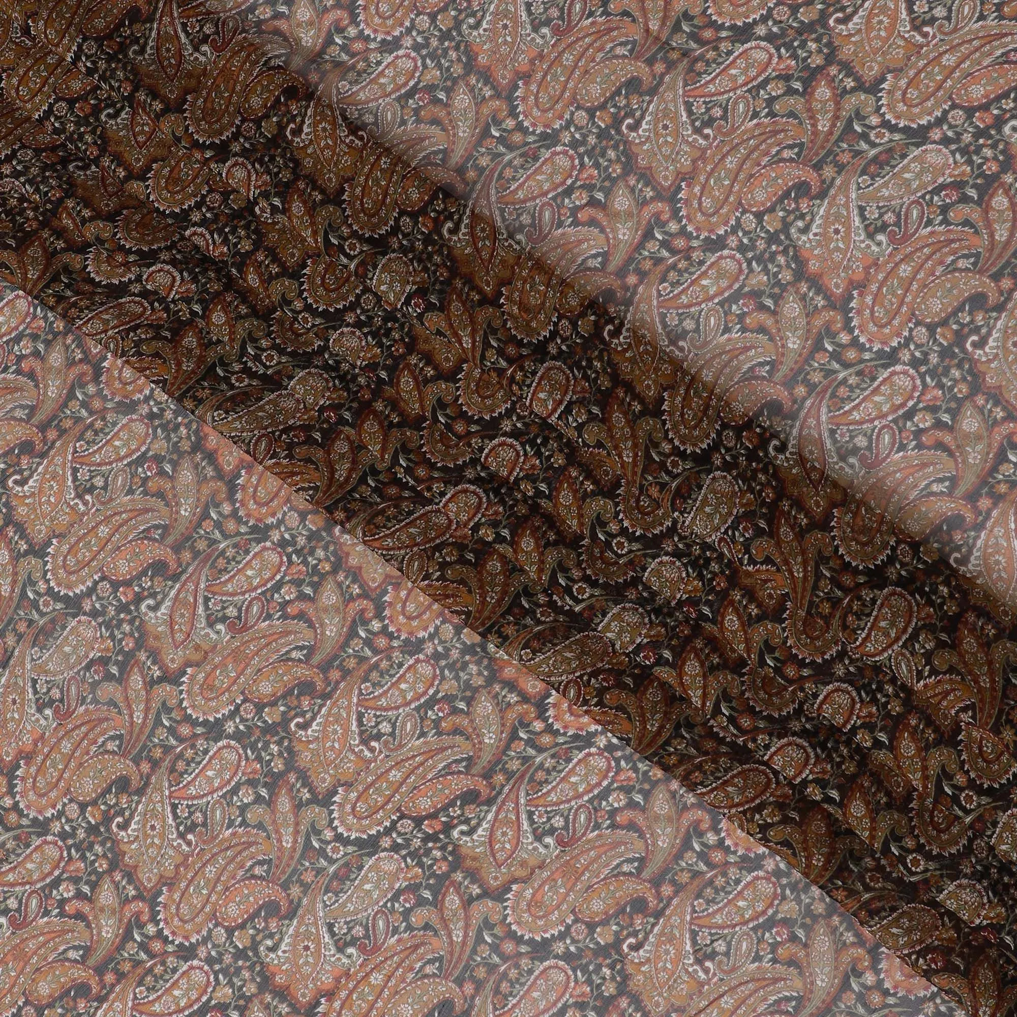 Spiced Paisley Pure Wrinkle Silk Chiffon Fabric - Intricate Design, 110cm Width - Buy Online by the Meter-D18053