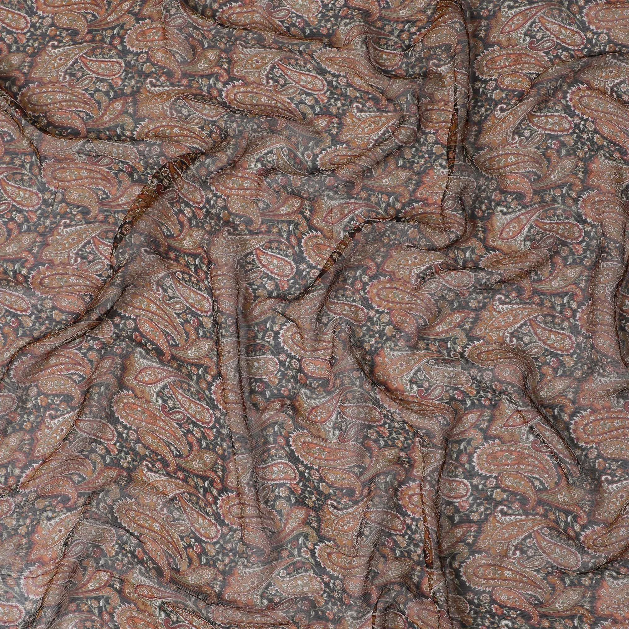 Spiced Paisley Pure Wrinkle Silk Chiffon Fabric - Intricate Design, 110cm Width - Buy Online by the Meter-D18053