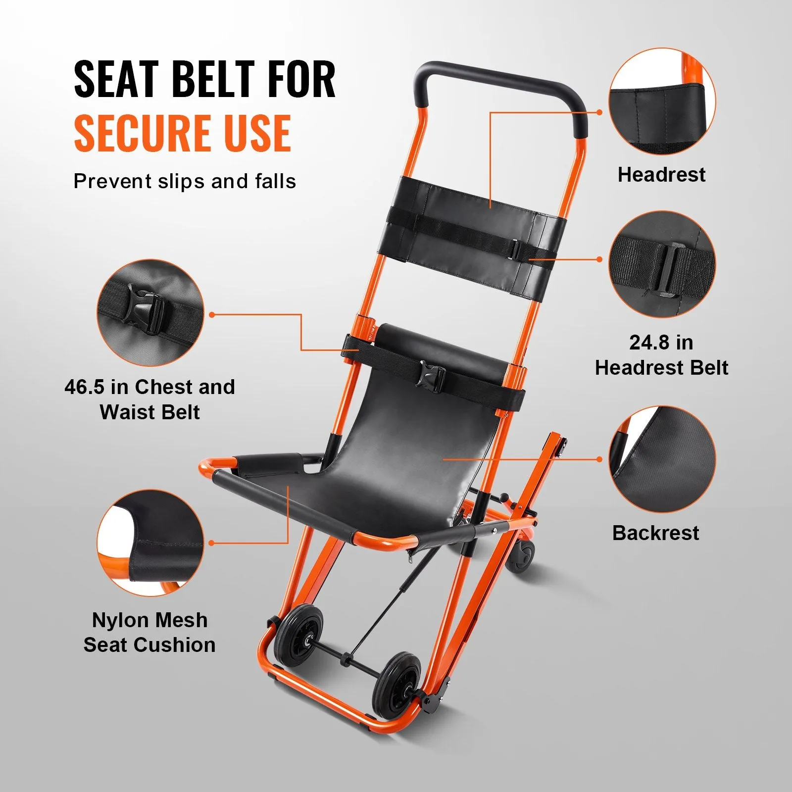 Vevor Manual Stair Chair 350 lbs. Capacity Foldable Emergency Transport Wheelchair with 4 Wheels New